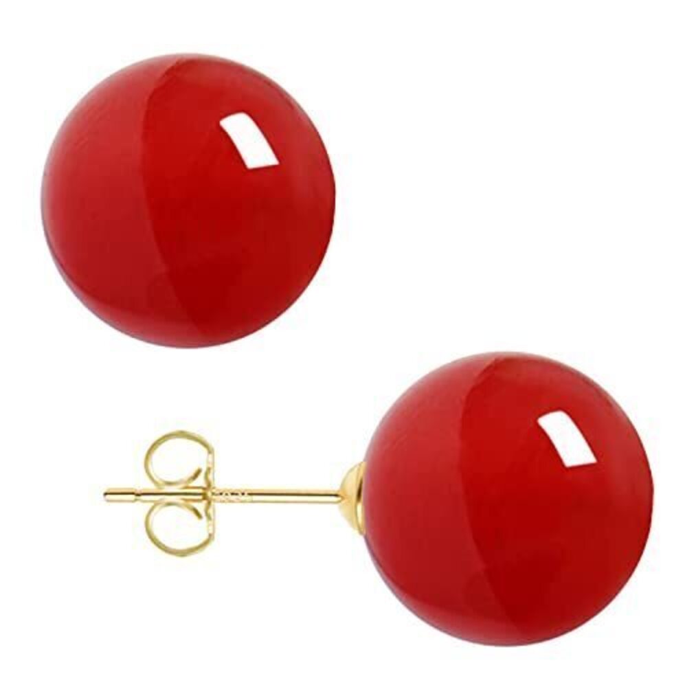 2384 Red Pearl Earrings 18K Gold Plated Sterling Silver Big Round Studs